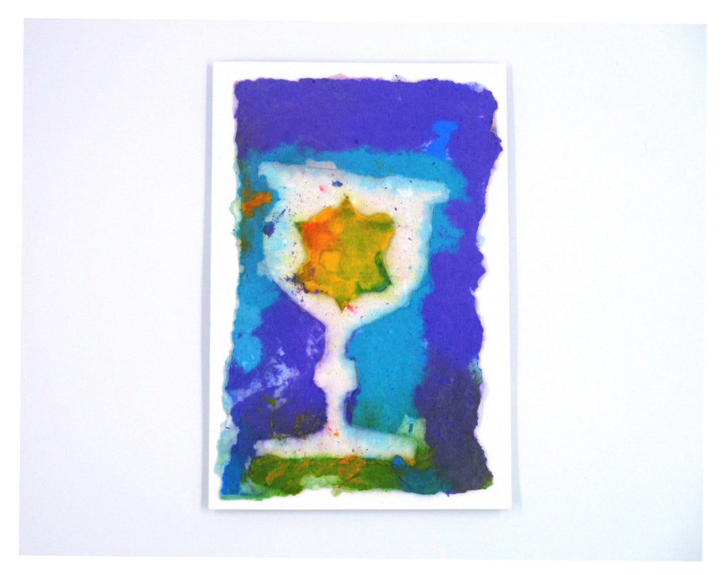 Graphic greeting card with white Kiddush cup and yellow Jewish star against indigo and light blue background