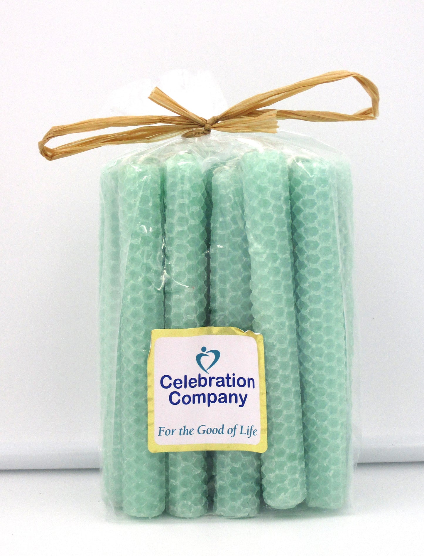 Package of 16 Light Blue Shabbat candles in clear package with top tied off.