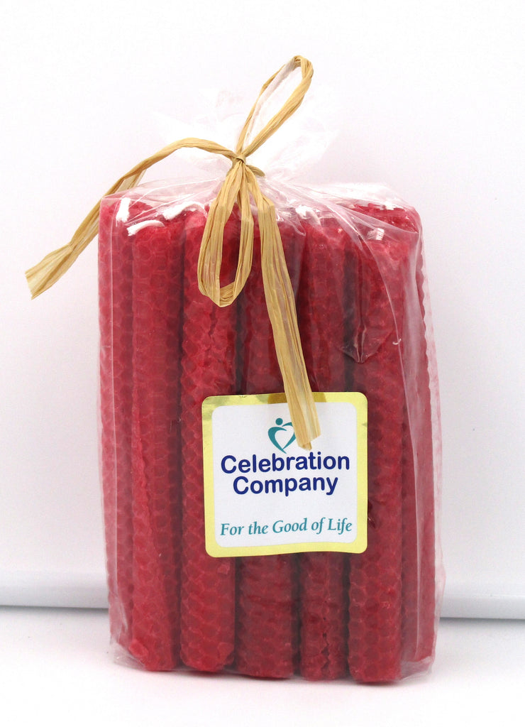 Package of 16 red Shabbat candles in clear package with top tied off.