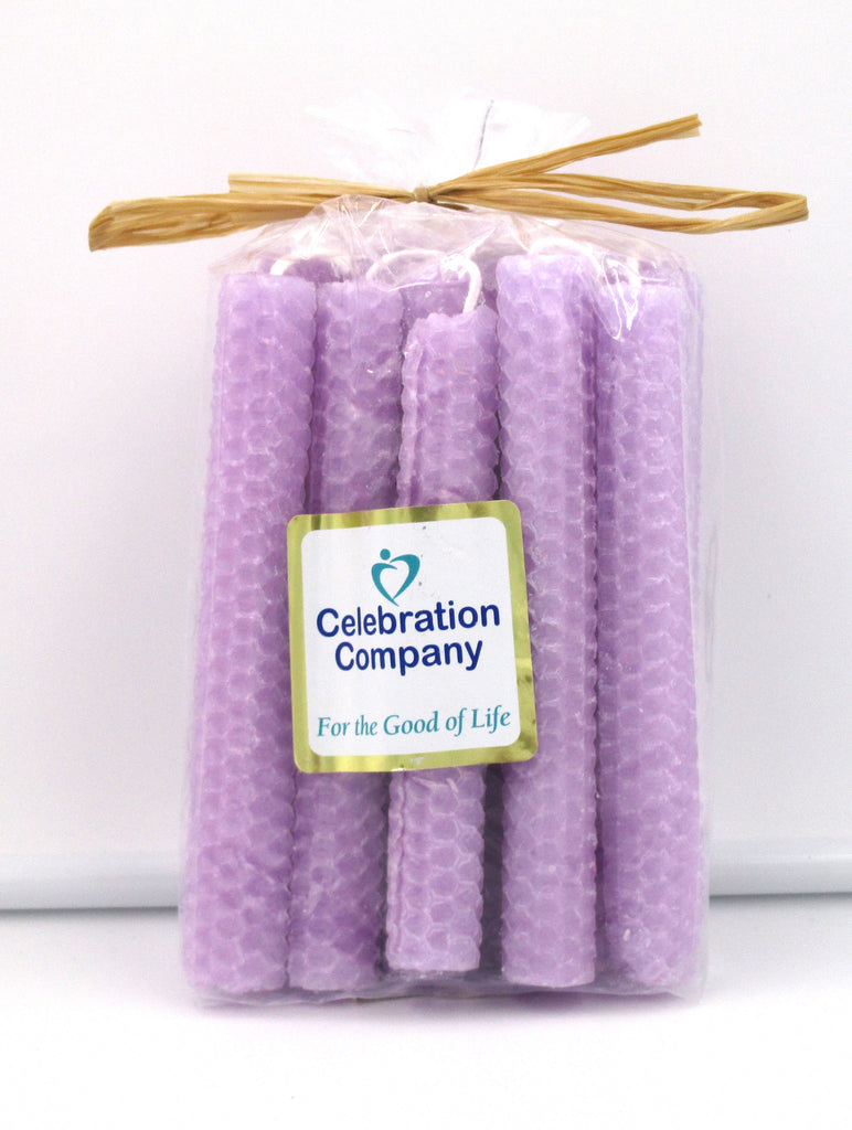 Package of 16 Lavender Shabbat candles in clear package with top tied off.
