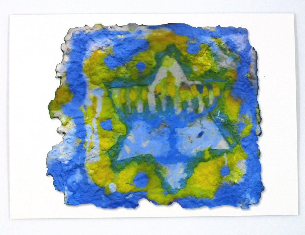 Graphic greeting card with white, blue and yellow background beneath white Jewish start and blue menorah