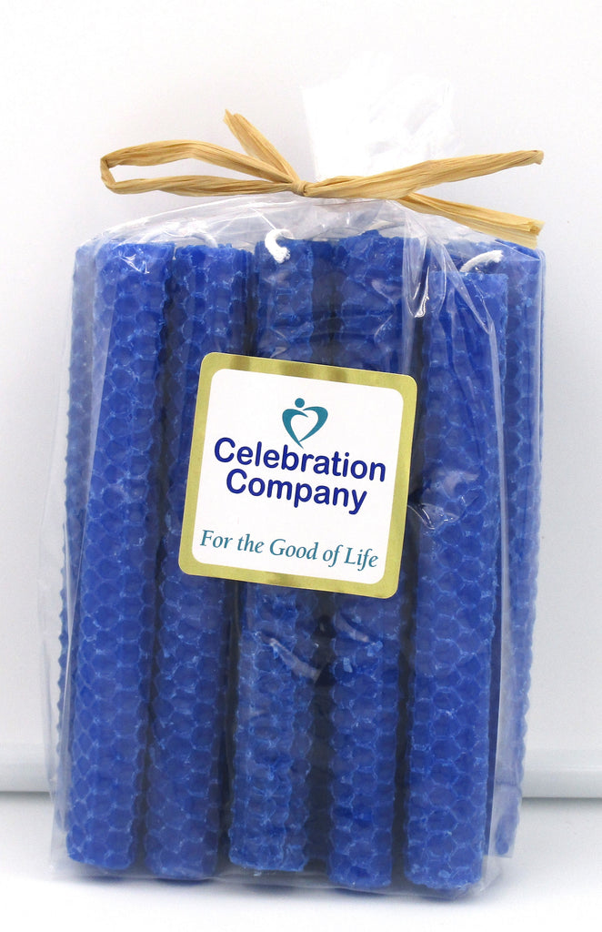 Package of 16 Electric Blue Shabbat candles in clear package with top tied off.