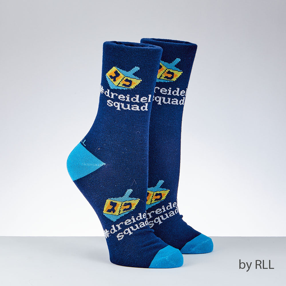 Dark blue crew socks with light blue toe and heel with dreidel squad slogan on ankle and foot