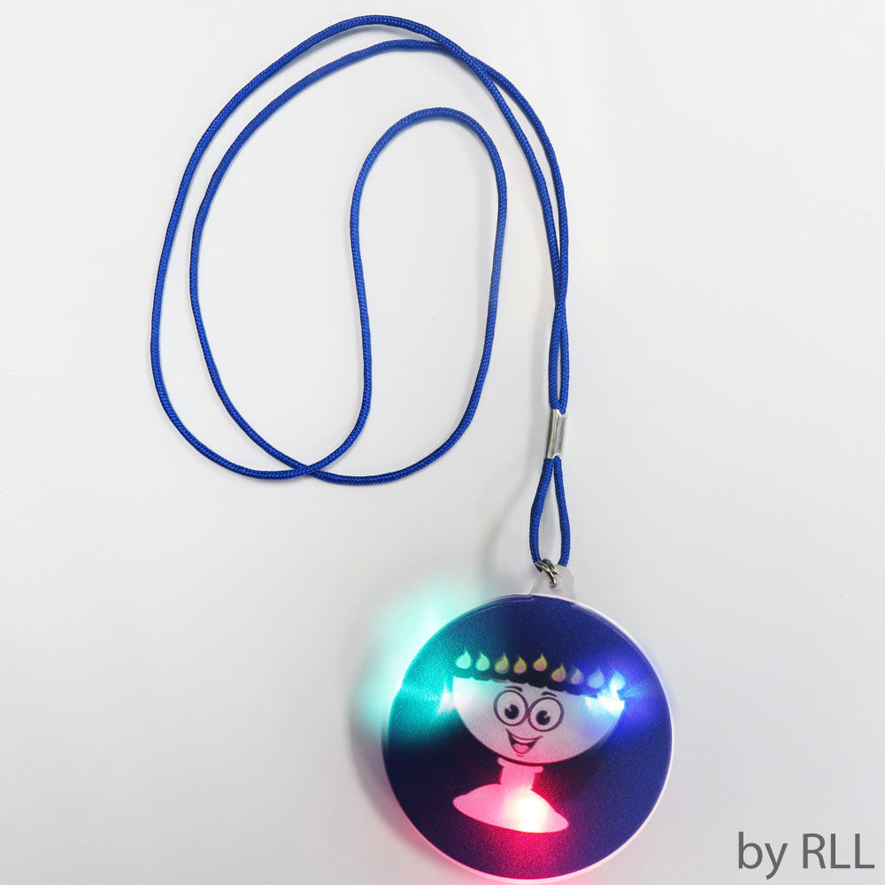 LED light up necklace with blue pendant and white menorah with smiling face