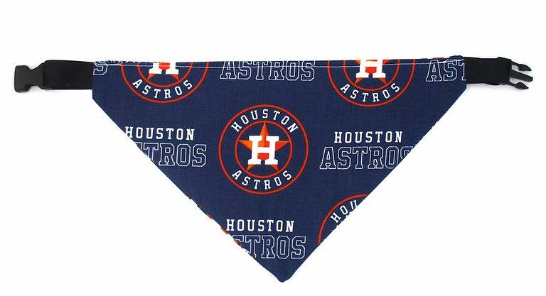 Photo of triangular dog bandana with black plastic closure.  Background of fabric is blue with a round Astros logo in white and orange and Houston Astros written in white text.