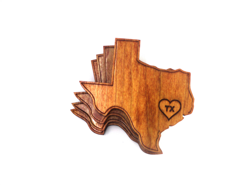 Texas shaped cherrywood coasters with laser cut heart and TX over Houston