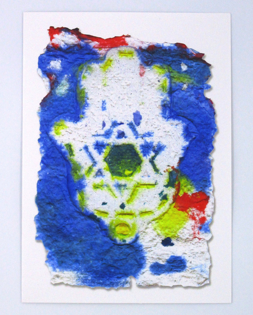 Graphic greeting card with blue and red background with a white Hamsa and Jewish star in the center