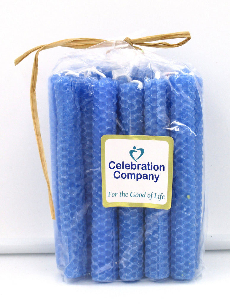 Package of 16 Just Blue Shabbat candles in clear package with top tied off.