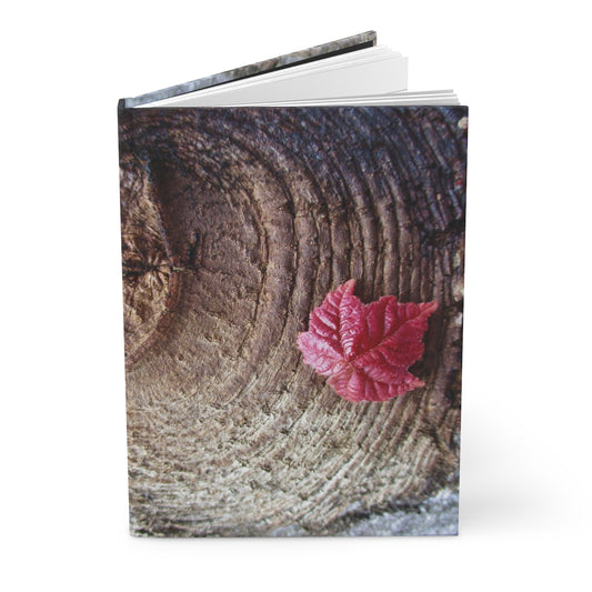 Journal with photograph of red leaf on tree