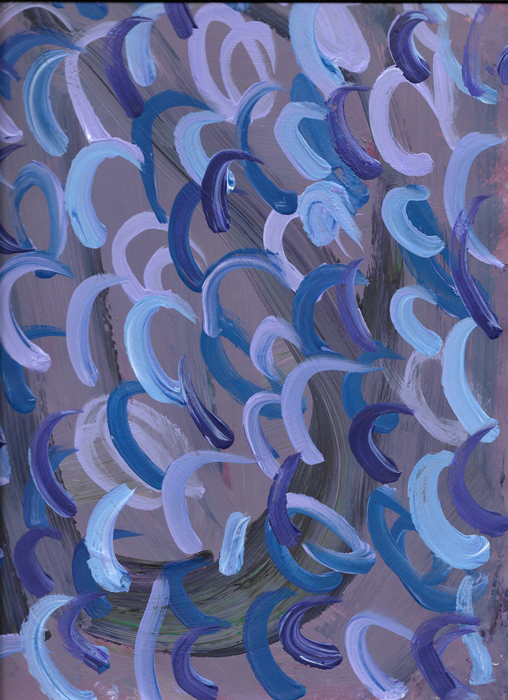 Artwork with abstract design of gray with light blue, dark blue, and lavender swirls.