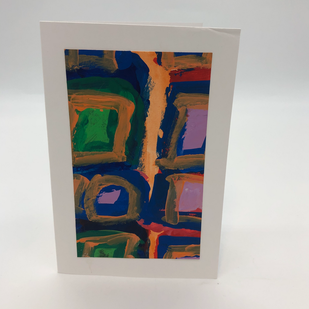 Greeting card with light orange background and eight boxes framed in blue, orange, green and violet.