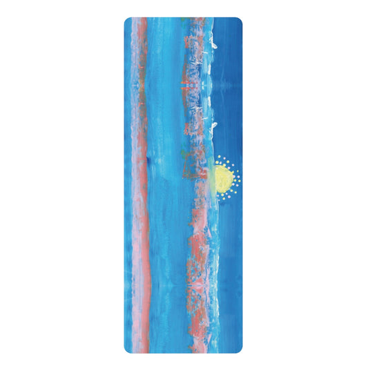 Yoga mat printed with a painting depicting the sunrise.
