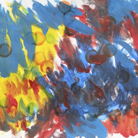 Acrylic on paper artwork with red, blue and yellow paint streaks in a diagonal pattern