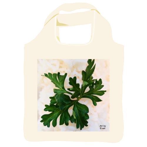 Reusable shopping bag, 16"x16"x4.5" with a squared image on both sides of the bag. The image is of a green herb against white rice