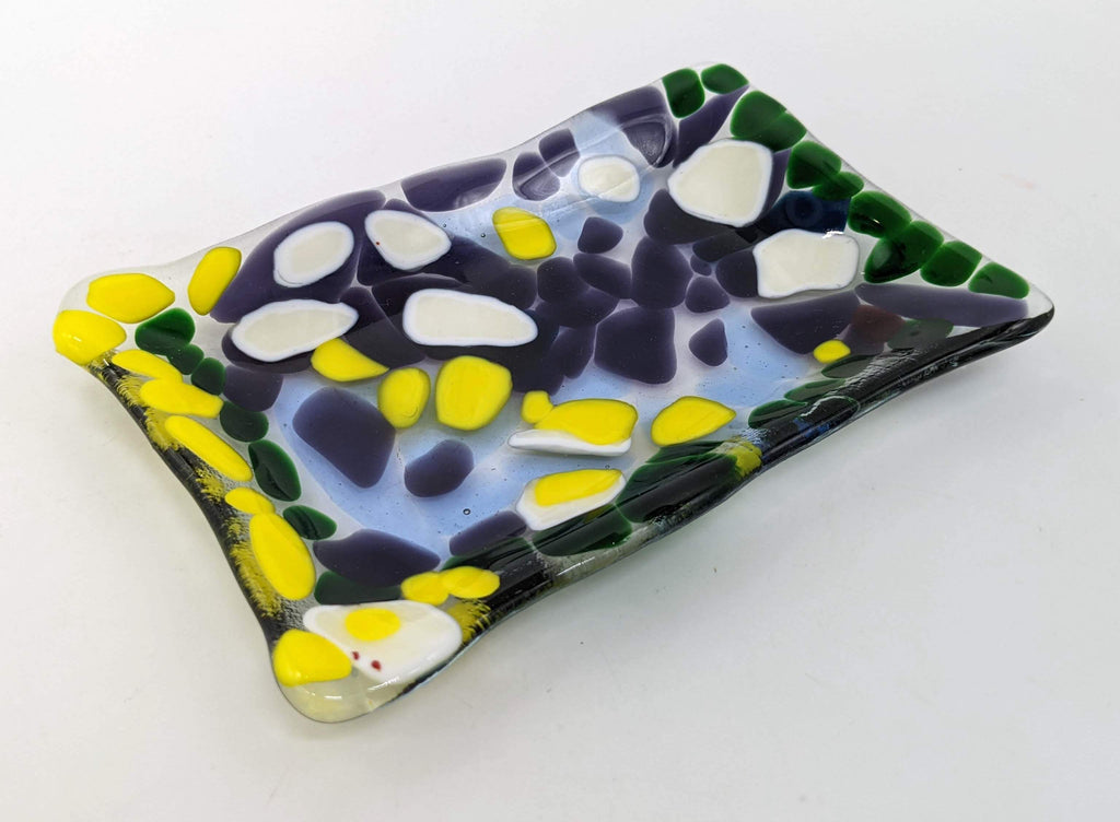 glass soap dish with purple green yellow and white