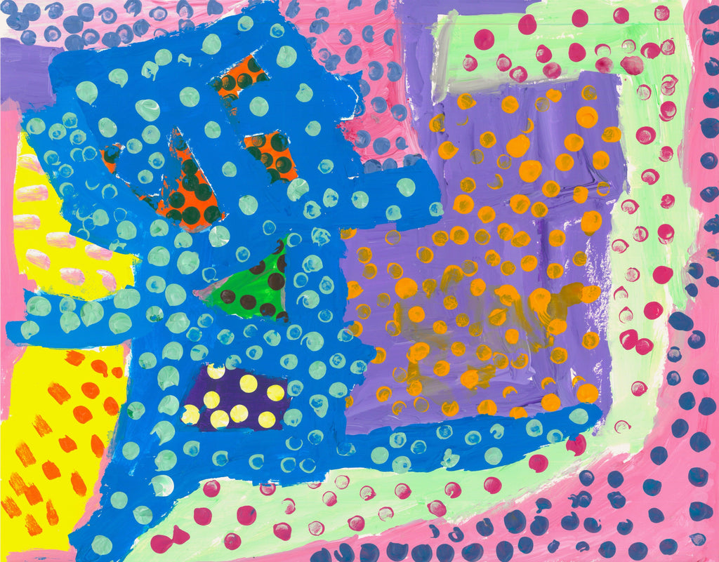 This is a painting with an abstract pink, yellow,  blue and purple background. It has several dots covering the photo in blue, orange, green and red and pink