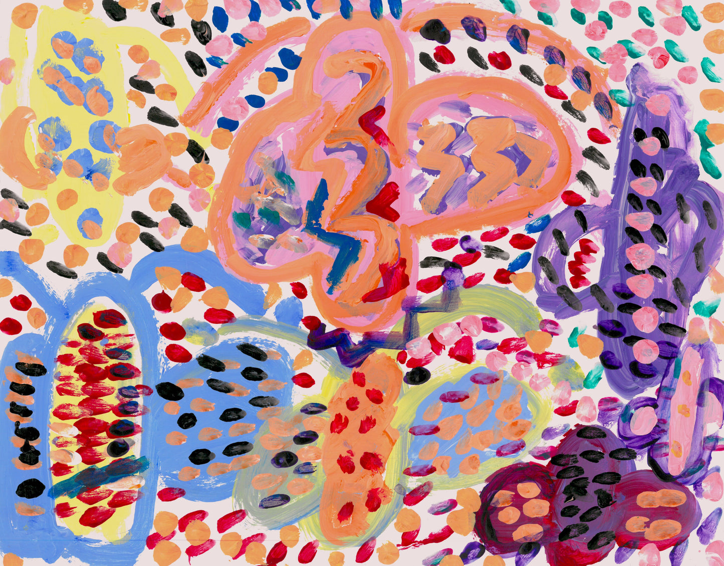 This is a painting with a white background, several abstract shapes and multicolored dots covering everything. Colors include orange, purple, red, blue, yellow, black, white.