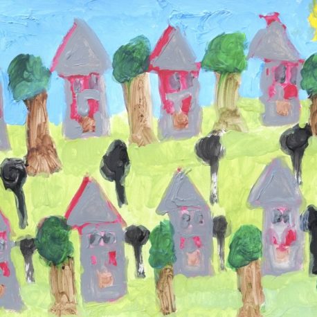 Acrylic on paper artwork with green lawn, blue skies, trees, and rows of gray and red houses