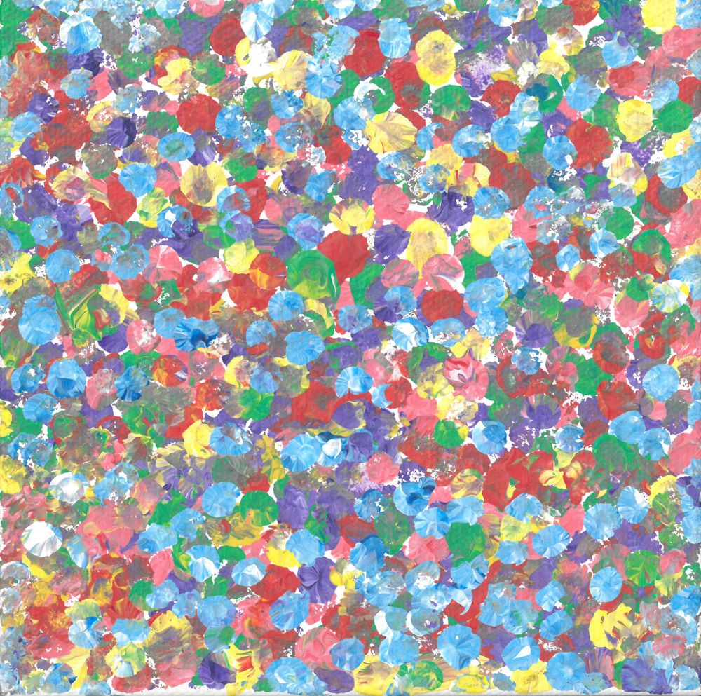 artwork with many colors including yellow, blue, red, purple, and green. Colors applied on canvas as dots from the paintbrush. 