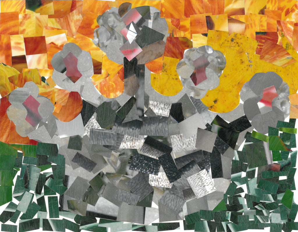 Collage made of square shaped cut photographs. In the center is a gray mass, with gray flowers protruding at the top. The center of the flowers are a flesh color. The background of the flowers is collaged yellows and oranges on the top half, underneath are shades of green.  