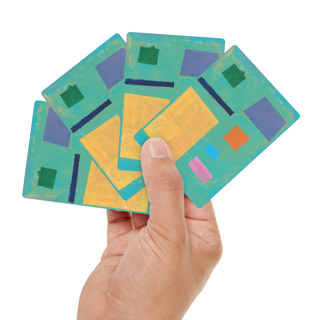 playing cards with Painting of blue background with yellow, navy, pink, orange, green and blue square doors.