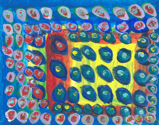Painting of a 9x10 grid of concentric circles. The border circles are painted with light purple on the outer ring, then red, with a light blue dot inside. The Concentric circles in the center of the painting are made with three different shades of blue, in the center lighter progressing outward darker. This is painted on a background of blue, red, and yellow forming rectangles.