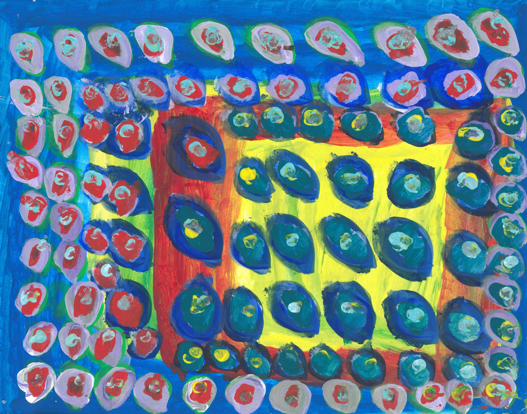 Painting of a 9x10 grid of concentric circles. The border circles are painted with light purple on the outer ring, then red, with a light blue dot inside. The Concentric circles in the center of the painting are made with three different shades of blue, in the center lighter progressing outward darker. This is painted on a background of blue, red, and yellow forming rectangles.