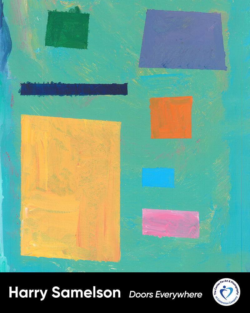 Poster of Painting of blue background with yellow, navy, pink, orange, green and blue square doors.. Has Harry Samelson and doors everywhere on bottom
