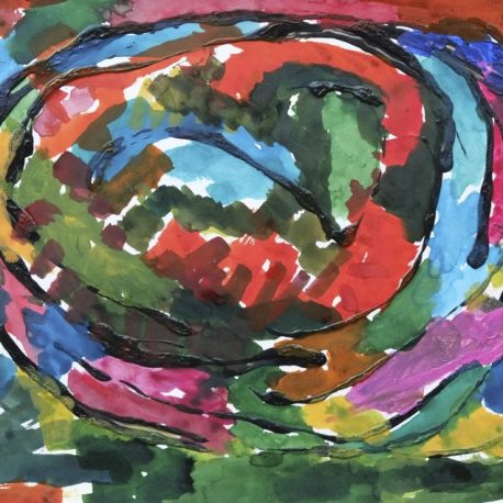 Ink and acrylic on paper artwork with green, red, blue and pink background with black circles decreasing in size from outside in