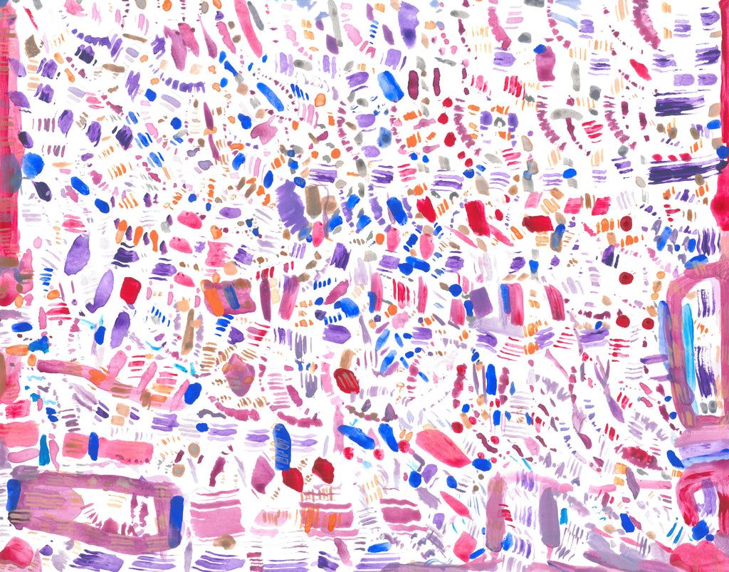 A field of small brushstrokes that vary in widths, lengths, and densities. The brush strokes are mostly shades of red, purple, and blue and are applied in a translucent matter. On the right, bottom, and left borders, there are larger lines on the edges as well as some rectangles. 