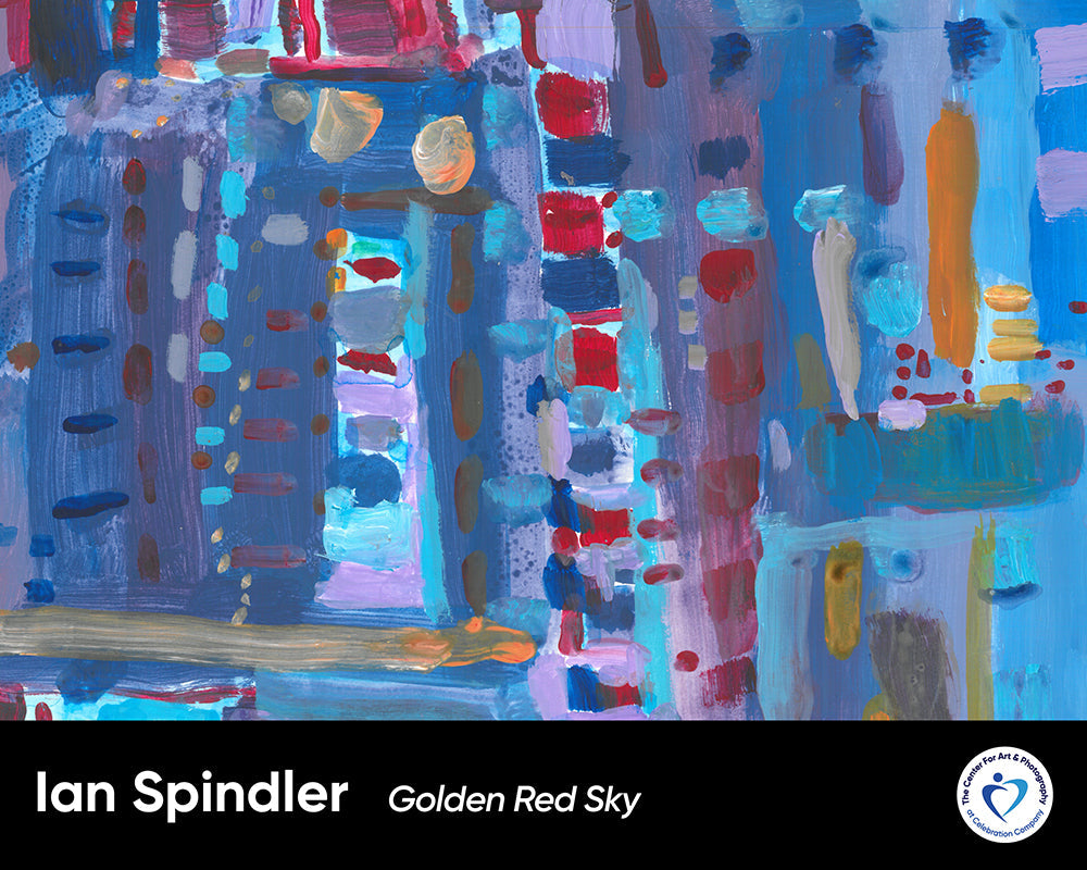 This is a poster of the following painting: This is a painting comprised of several different shades of blue lines in different directions. There are orange, red, and purple shades as well.. It says "Ian Spindler Golden Red Sky" on the bottom.