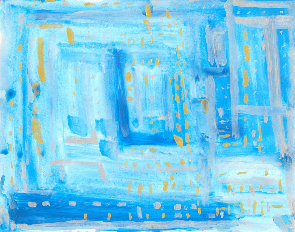 abstract painting of shades of blues with lines of gold and silver on top