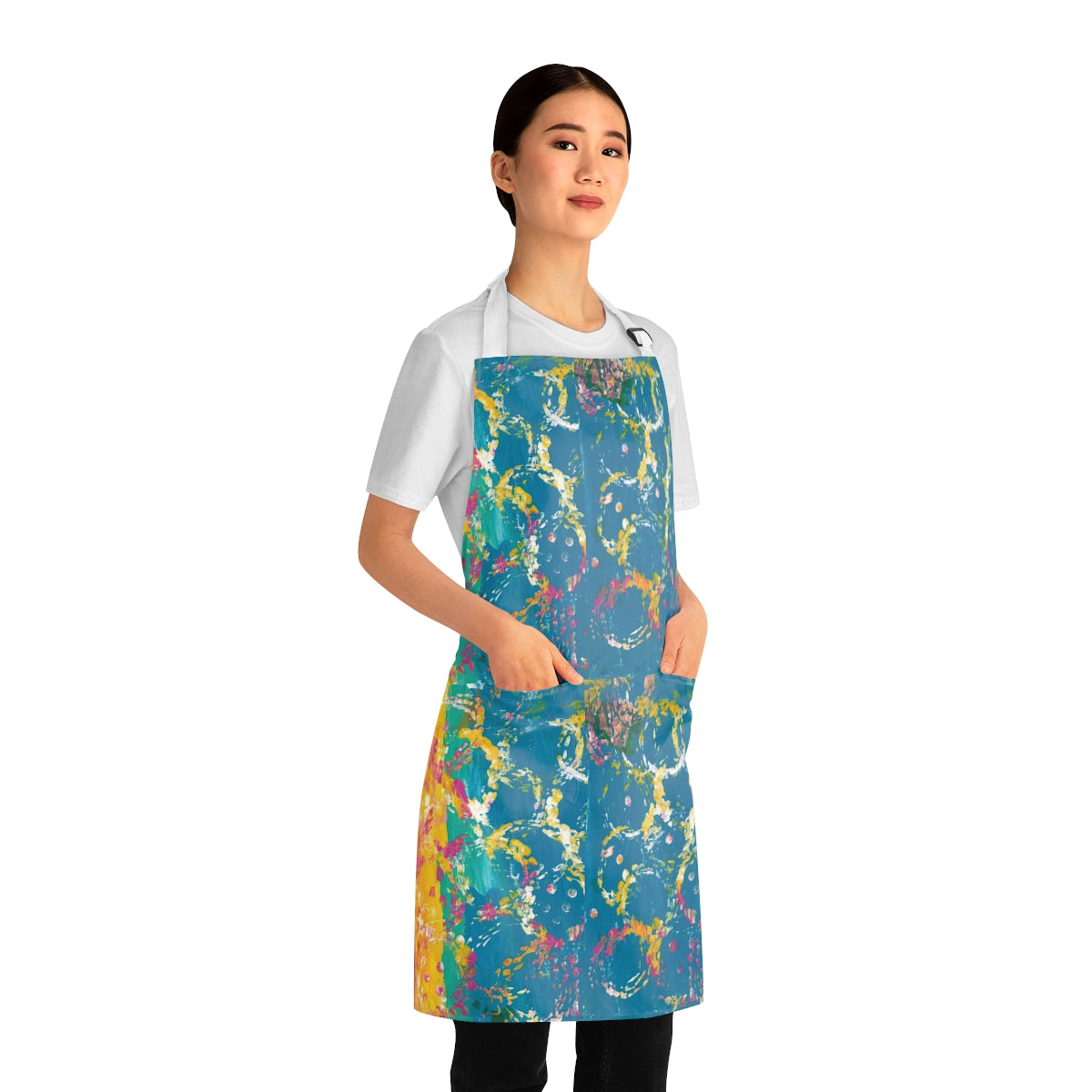 apron with blue and yellow pattern