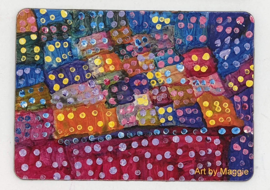 This is a magnet with the following painting on it: This is a multicolored painting with several boxes of colors including red, orange, blue, purple and yellow. There are multicolored dots covering the page
