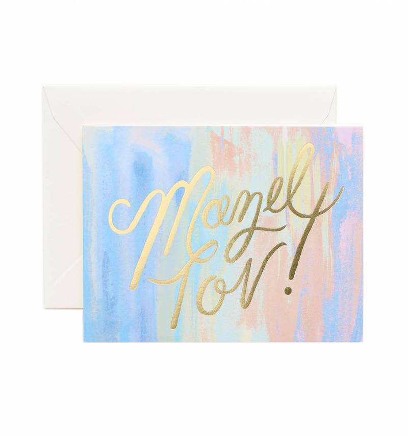 Digital gift card with pastel colored background and gold Mazel Tov! slogan
