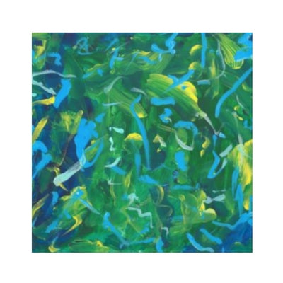 This is a napkin with the following painting: This is an abstract piece that is mostly blue and green, with yellow and lighter blue smudges and paint strokes