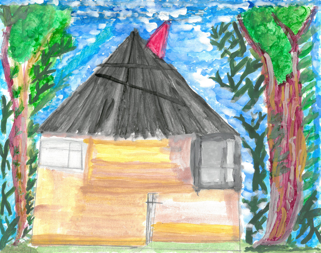 This is a painting of a hut with a blue sky background. The hut is yellow and brown with a black roof, and there are trees on either side of the hut