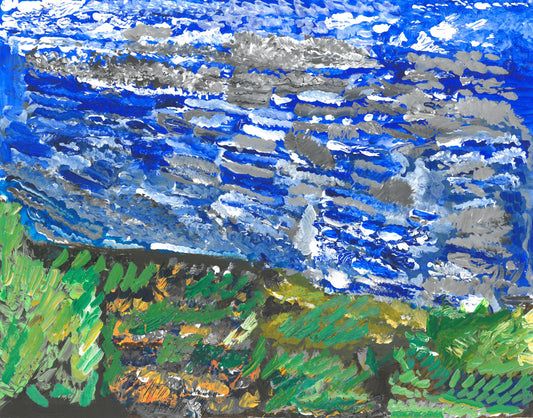 Painting of a sky and ground. The sky takes up 2/3 of the painting, with a textured sky of blues, grays, and whites blended in small waves. The Earth underneath is mostly browns with strokes of grass