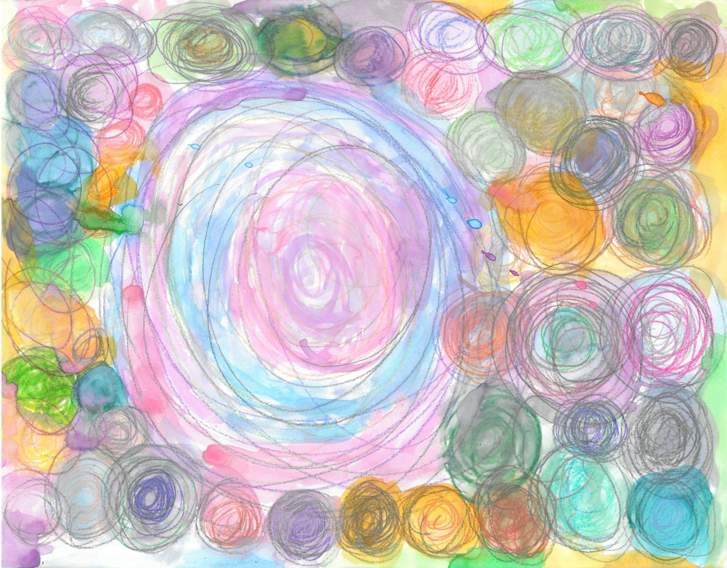 Pencil and ink on paper artwork with one main large pencil circle surrounded by many smaller pencil circles of pink, blue, green and orange colors