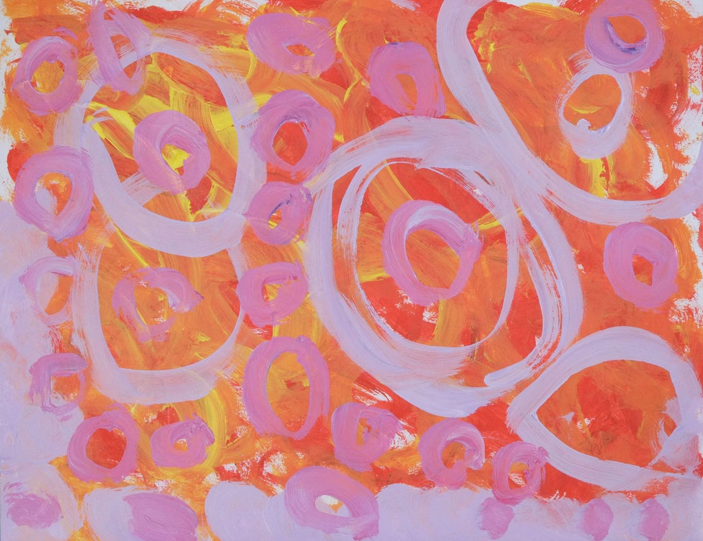 Acrylic on paper artwork with red, orange, and yellow swirled background with periwinkle and pink circles on top