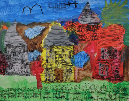 Acrylic and ink on paper artwork with a gray, yellow, and red house with gray rooves.  There is a yellow sun in the right corner against a blue sky with a black bird and small plane flying overnight.  Green grass and black outlines of flowers run along the bottom edge