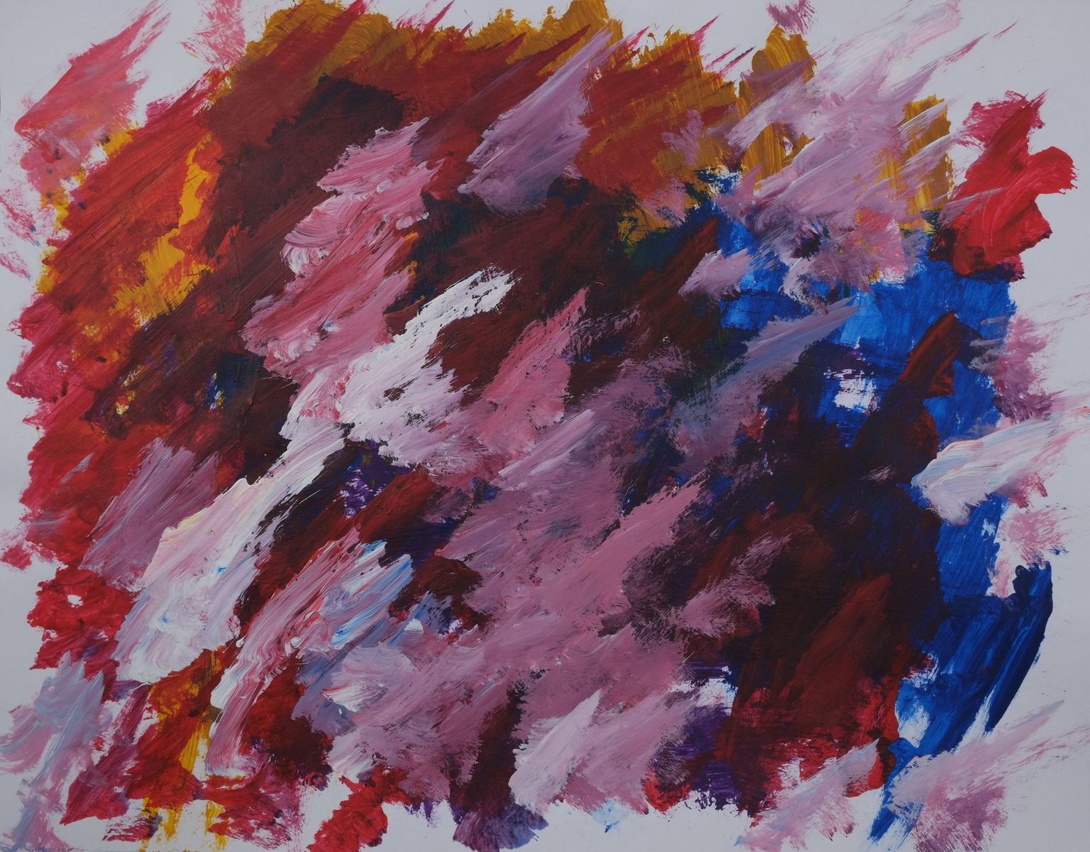 Acrylic on paper artwork with white background and close knit paint streaks of red, yellow, maroon, white and blue