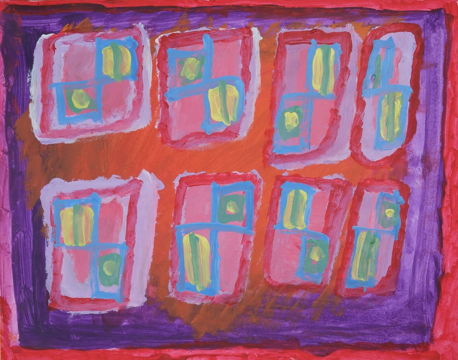 Acrylic on paper artwork depicting red and purple border with 8 squares inside depicting lavender and red outlines with blue, yellow and green insides