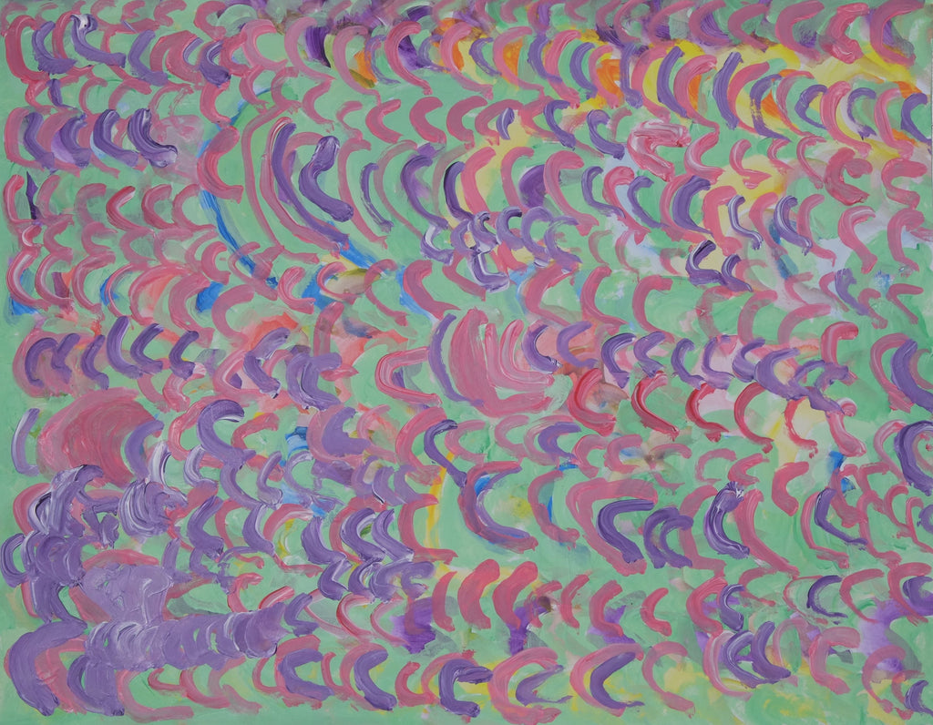Acrylic on paper artwork with a seafoam background and horizontal lines of small pink and purple "c's"