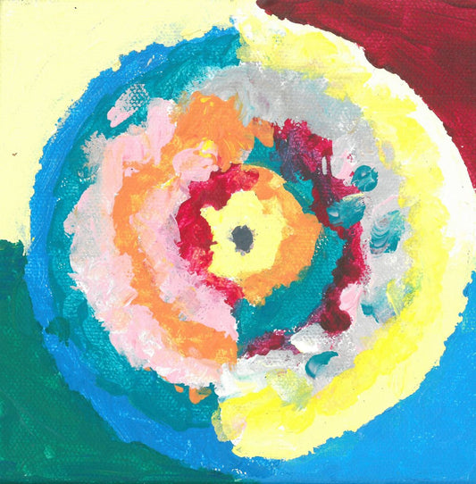Acrylic on canvas artwork with yellow, red, teal and light blue background with interlocking circles of varying colors decreasing in size from outwards in