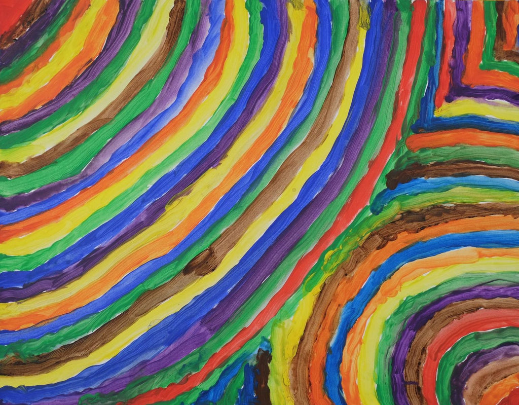 Acrylic on paper artwork in a pattern of brown, purple, green, orange and yellow curved lines moving from left to right