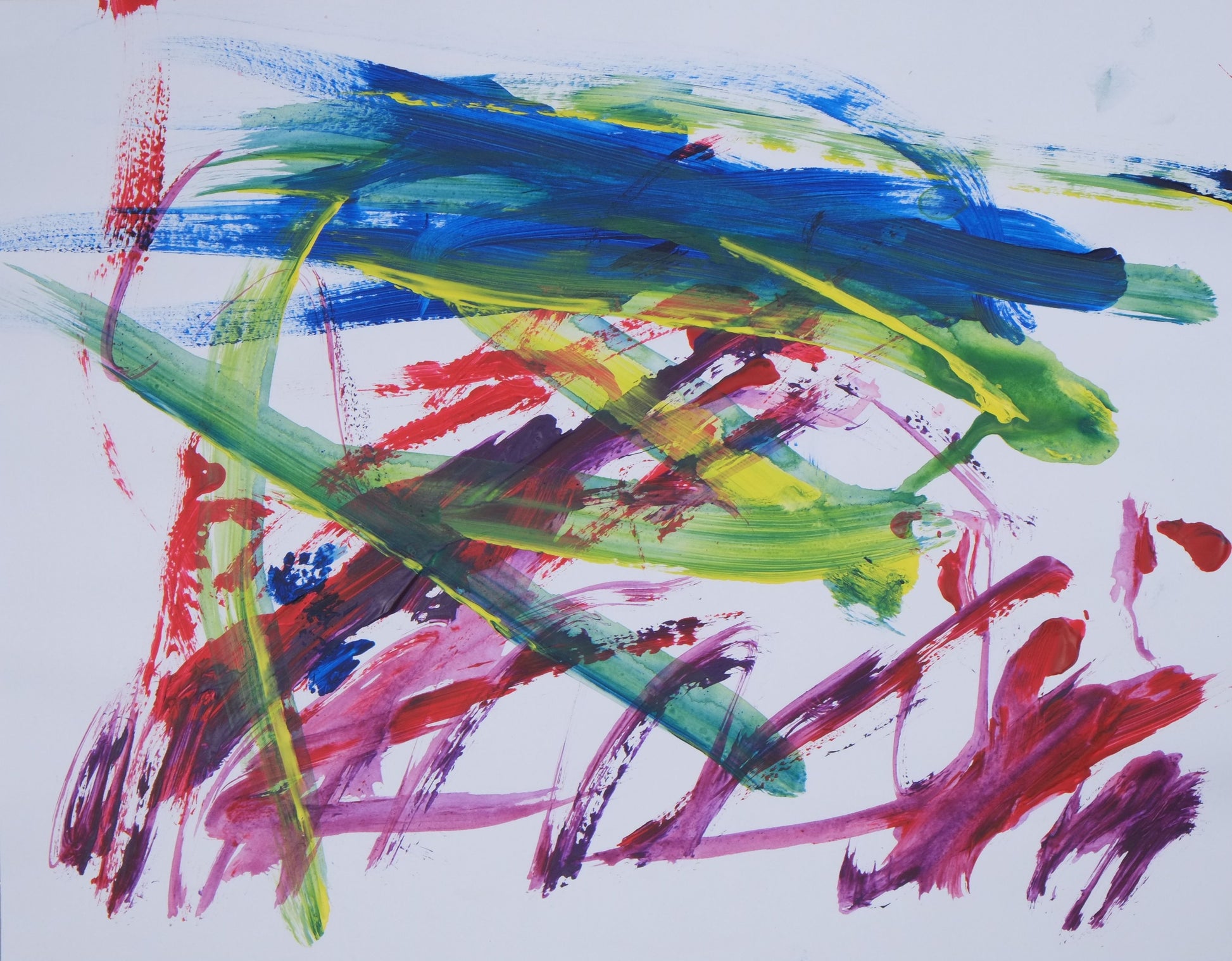 Acrylic on paper artwork with long brush strokes of blue, green and yellow in a horizontal pattern and pink, purple and red in a slanted pattern against a white background