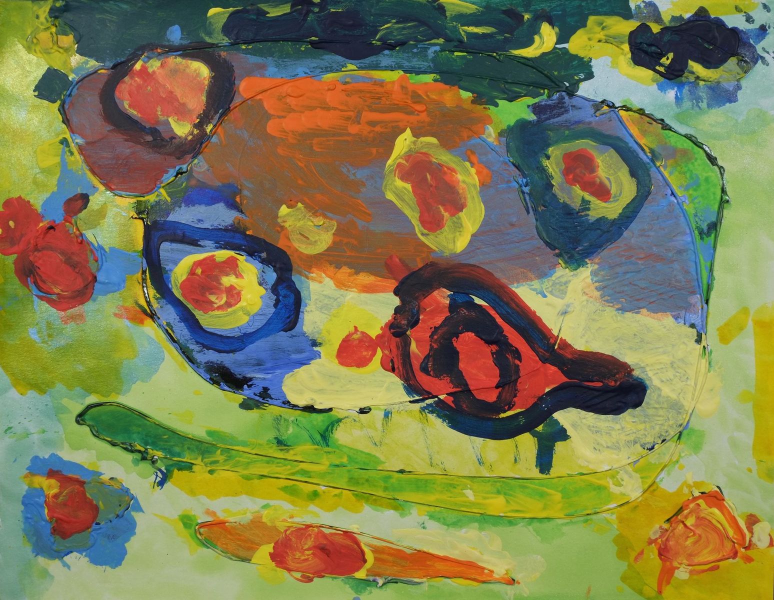 Acrylic and ink on paper artwork with a mostly light green background with small circles of blue, yellow and red with a larger orange oval in the center