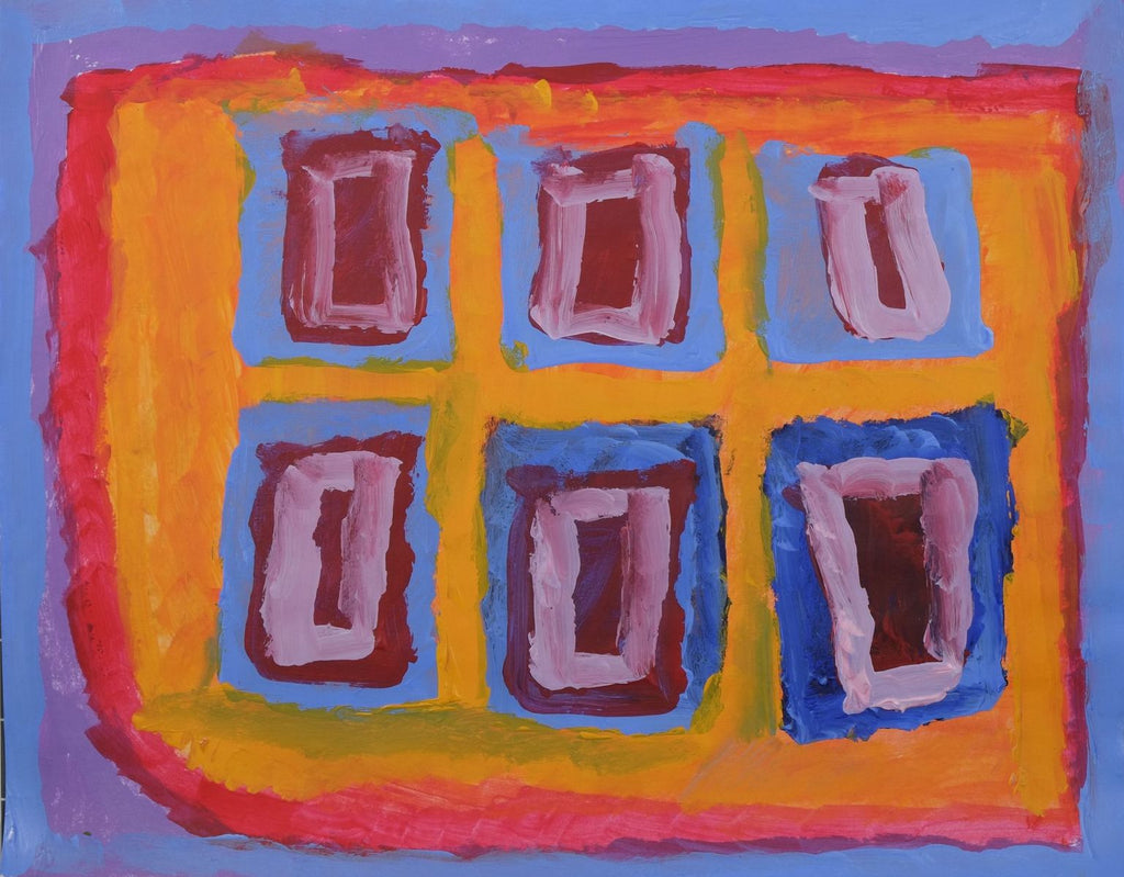 Acrylic on paper artwork depicting blue, purple, and red border with 6 squares depicting blue, maroon, and white rectangles against an orange background