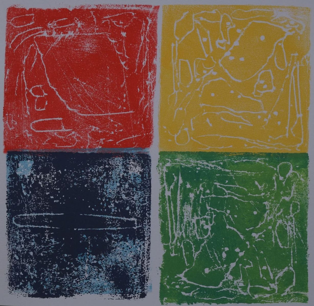 Four blocks of colors with white drawings of different shaped circular forms. Clockwise the colors are red, yellow, green, and dark blue.